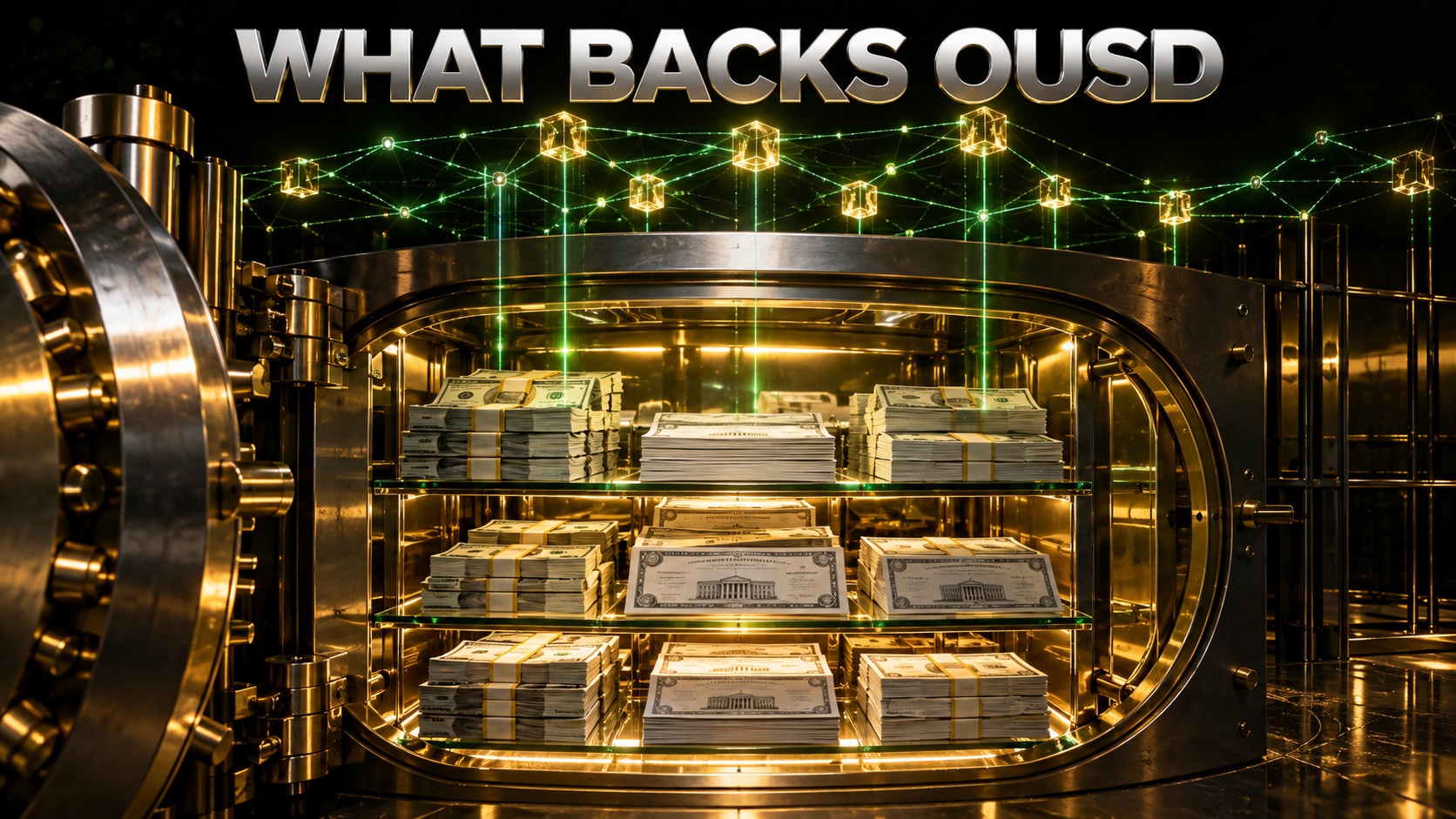 Stacks of short-dated Treasury bills and cash inside a lit vault, connected by light to a blockchain network