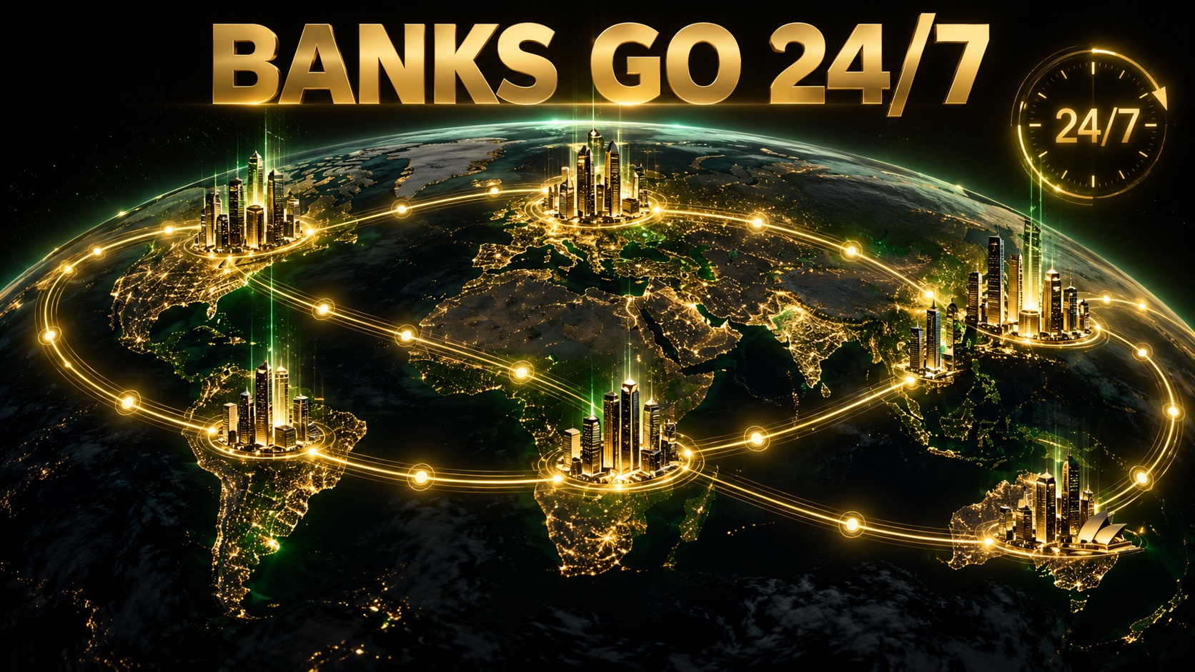 Bank towers on different continents linked by a glowing private ledger running through the night