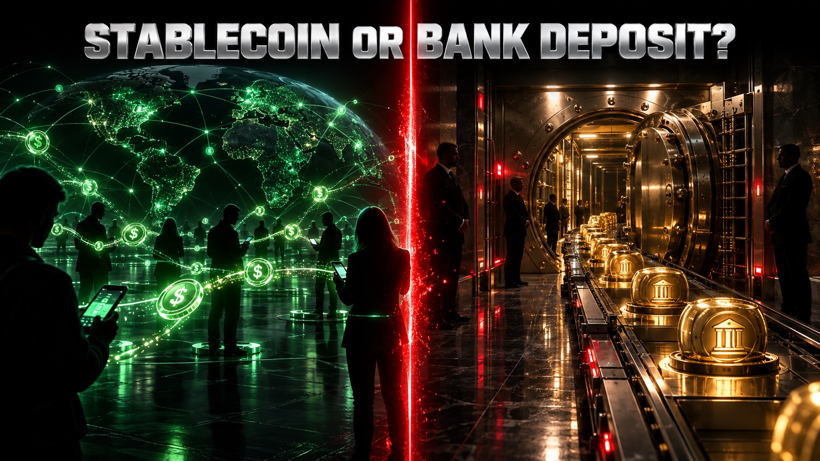 Split scene comparing an open stablecoin network on the left with a closed bank deposit ledger on the right