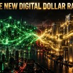 Two glowing dollar settlement networks, one open blockchain mesh and one closed bank ledger, meeting over a dark city skyline
