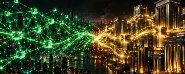 Two glowing dollar settlement networks, one open blockchain mesh and one closed bank ledger, meeting over a dark city skyline