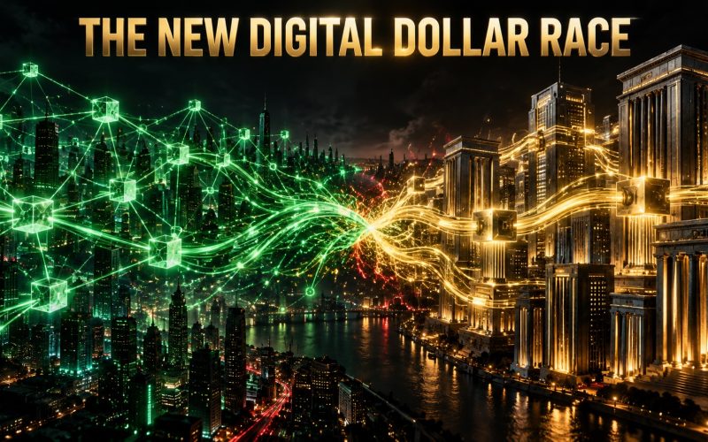 Two glowing dollar settlement networks, one open blockchain mesh and one closed bank ledger, meeting over a dark city skyline