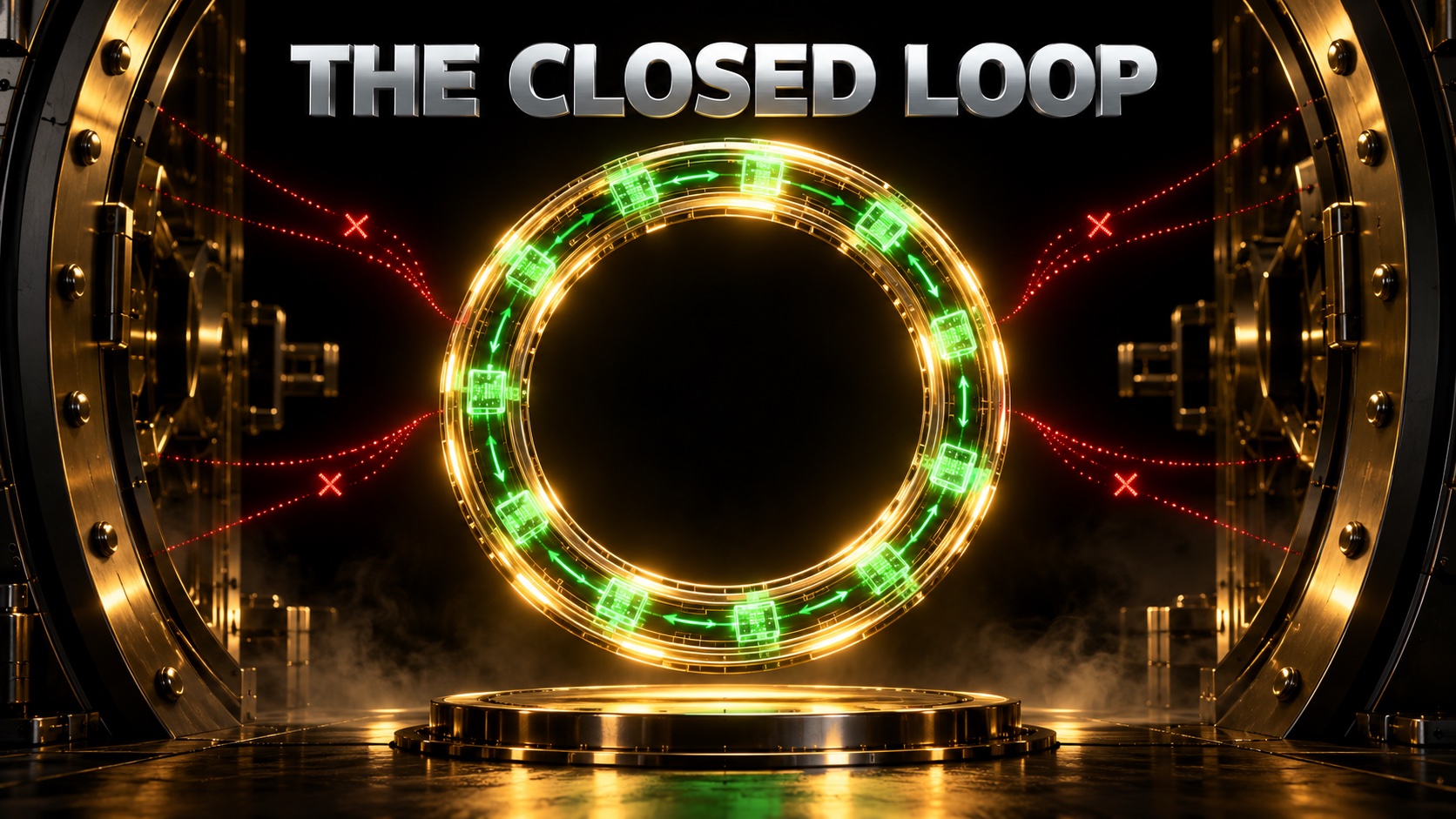 A sealed circular ledger loop inside a bank vault, with Bitcoin and Ether tokens moving only within the loop