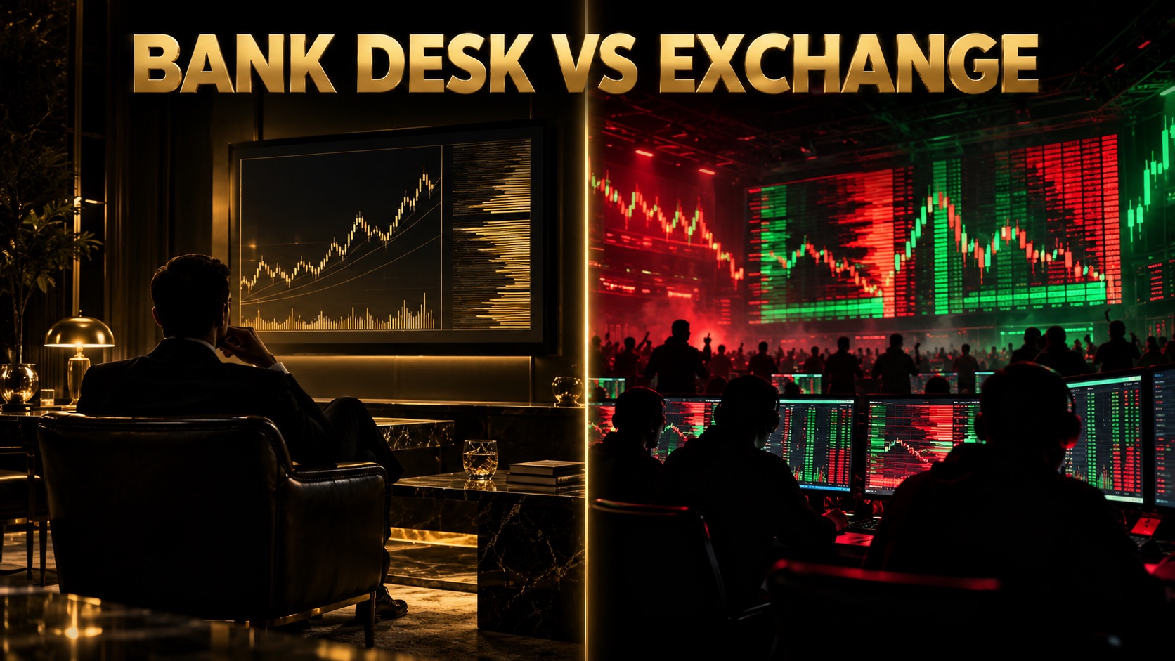 Split scene of a quiet private banking suite on one side and a busy crypto exchange order book on the other