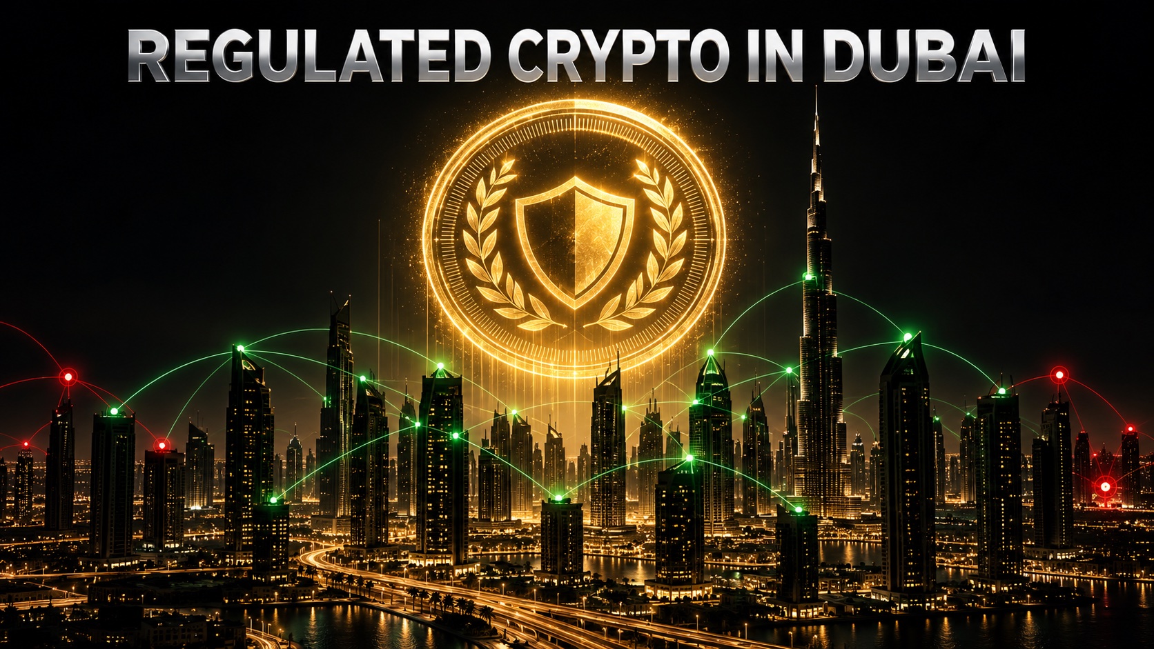 A glowing regulatory seal suspended over a modern Gulf financial district at night with network lines below
