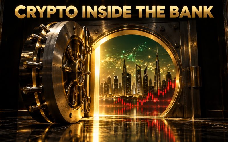 A private bank vault door opening onto glowing Bitcoin and Ether network lines above a night skyline in Dubai