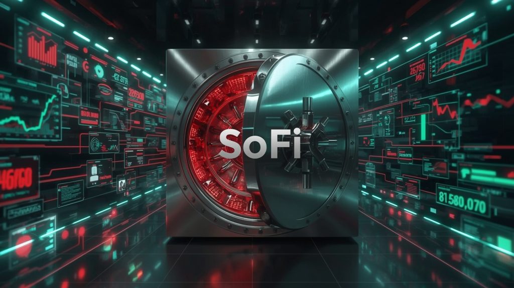 Futuristic digital bank vault representing SoFi Technologies (SOFI) as a profitable fintech and emerging blue-chip financial services company in 2026.