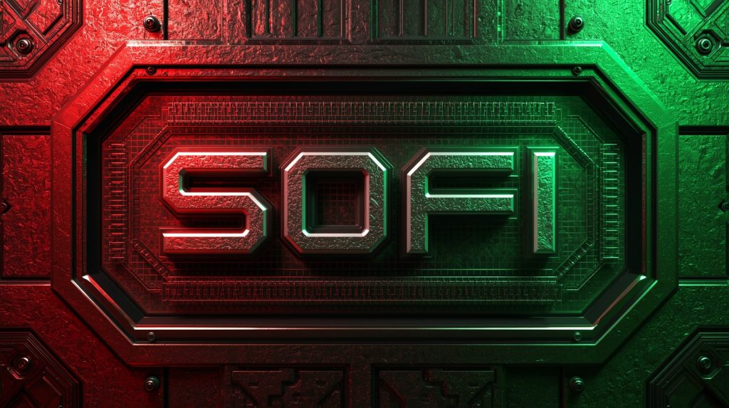 SoFi Technologies digital bank and fintech growth concept in red and green futuristic design.