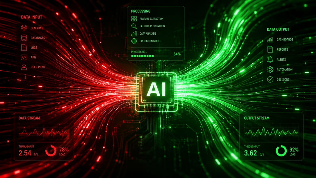 AI data flow visualization with light pulses moving through fiber network