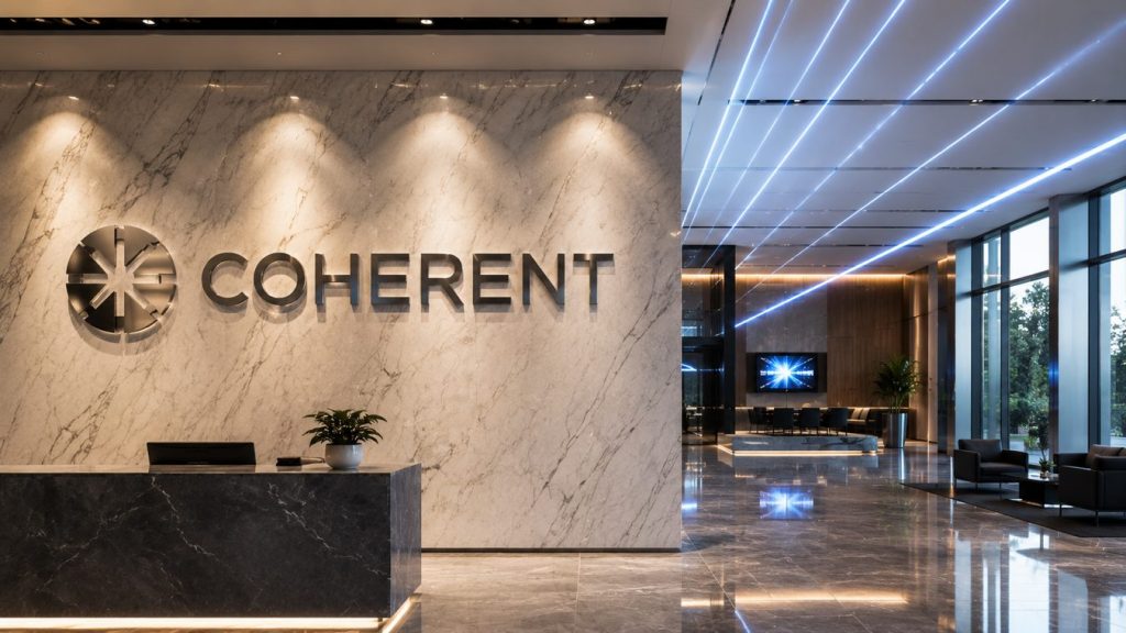 Coherent corporate headquarters building interior showcasing the premium photonics and AI optical networking technology company brand logo.