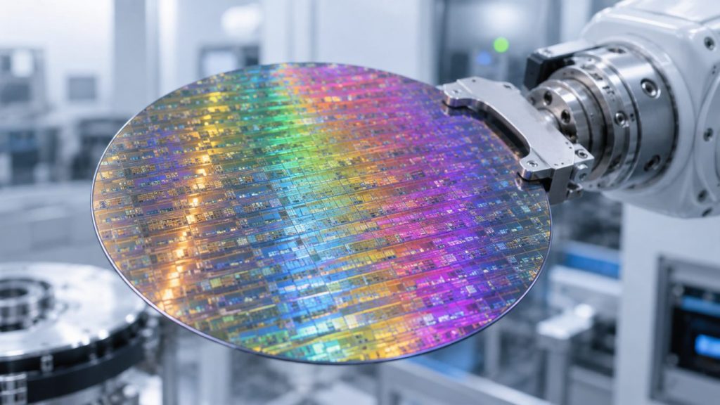 Close-up view of a patterned Indium Phosphide InP semiconductor wafer on a robotic arm during the manufacturing process.