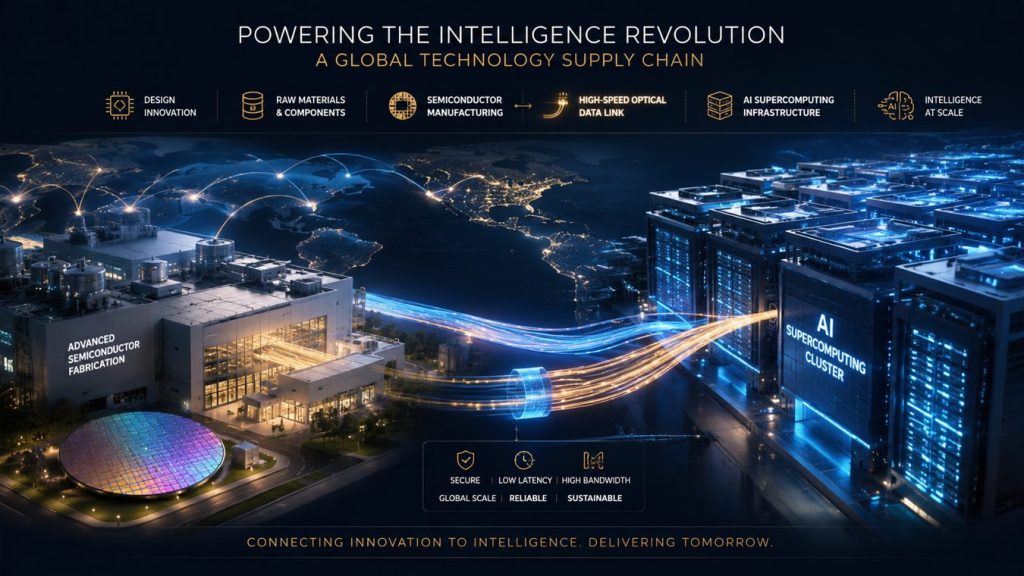 Coherent corporate infographic detailing their global technology supply chain from design innovation and semiconductor manufacturing to AI supercomputing clusters.