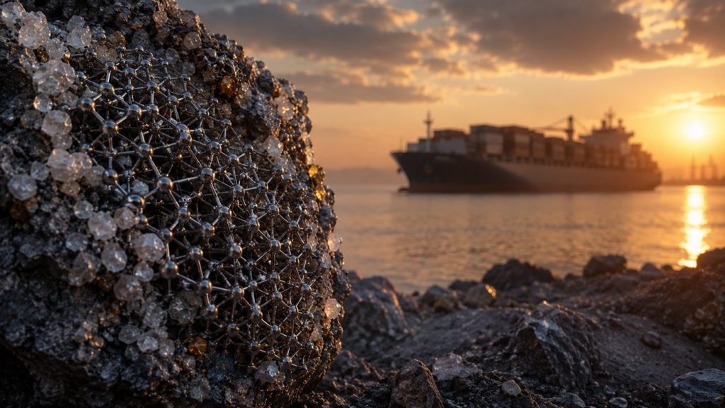 An abstract representation of semiconductor supply chain risks featuring a cargo ship at sea alongside an advanced chemical molecular structure.