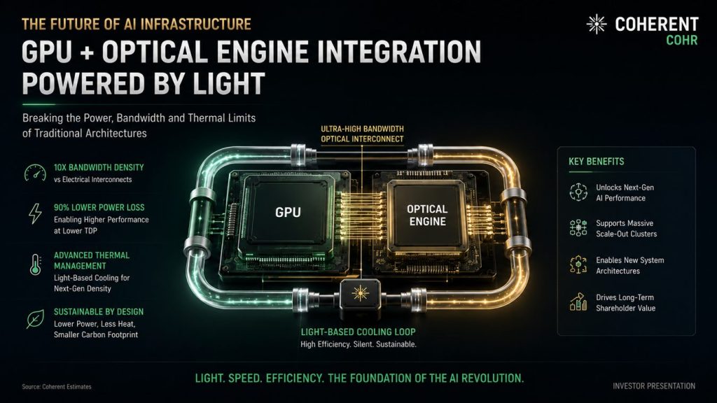 Technical diagram showing GPU and optical engine integration powered by light to demonstrate co-packaged optics architecture in AI datacenters.