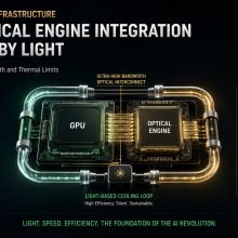 Technical diagram showing GPU and optical engine integration powered by light to demonstrate co-packaged optics architecture in AI datacenters.