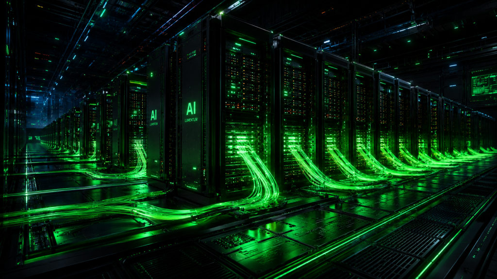 Massive AI server racks connected with glowing green optical cables