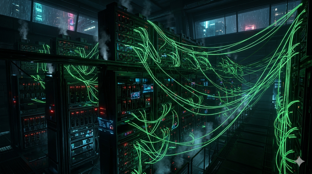 Massive AI server racks connected with glowing green optical cables