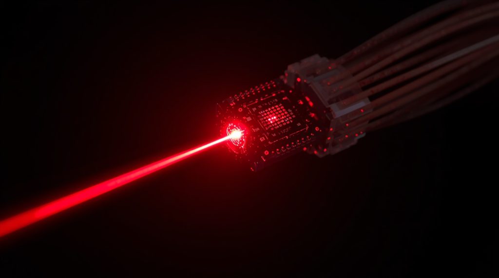 photonic chip emitting red laser light into fiber cables