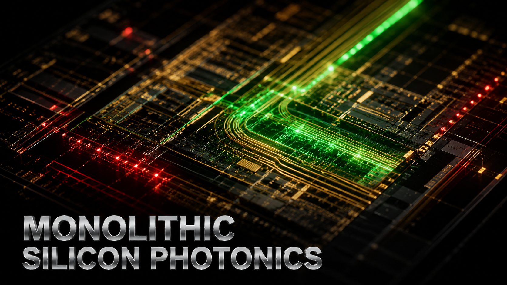 Close up of a monolithic silicon photonics chip routing light and electrons on one die