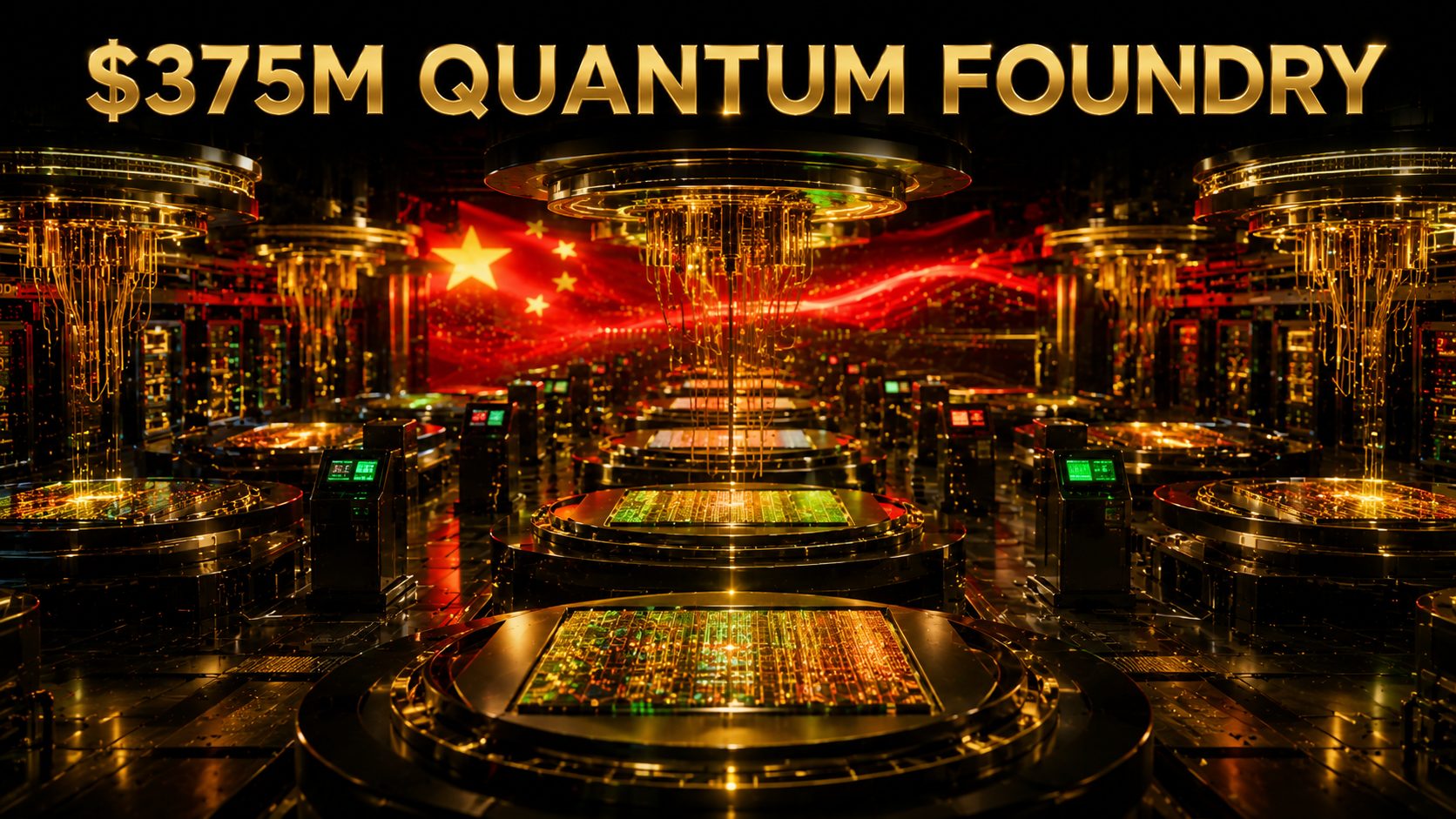 Secure domestic quantum chip foundry with a stylised US flag motif and glowing wafers