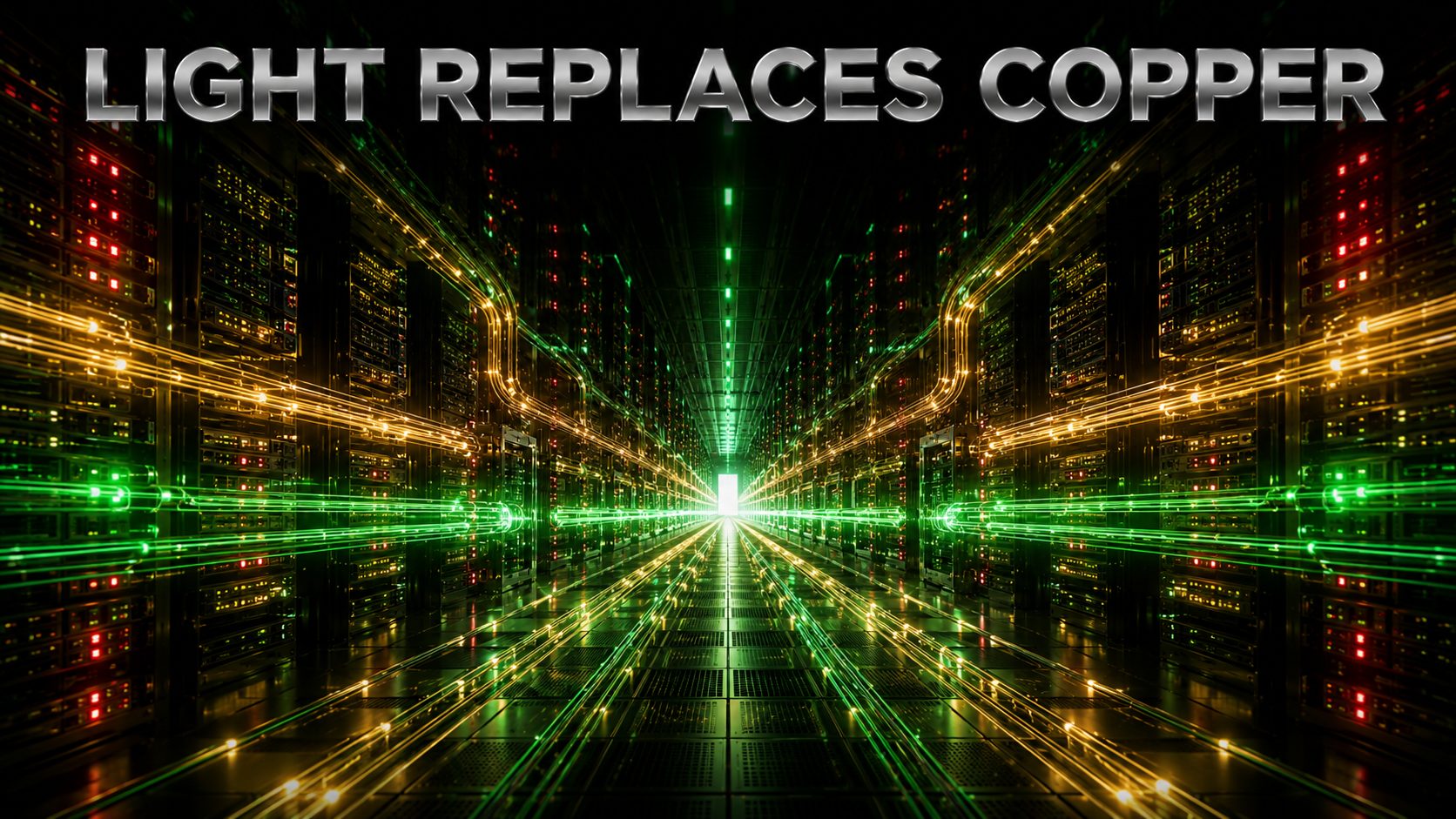 AI data center hall with optical interconnects glowing between server racks