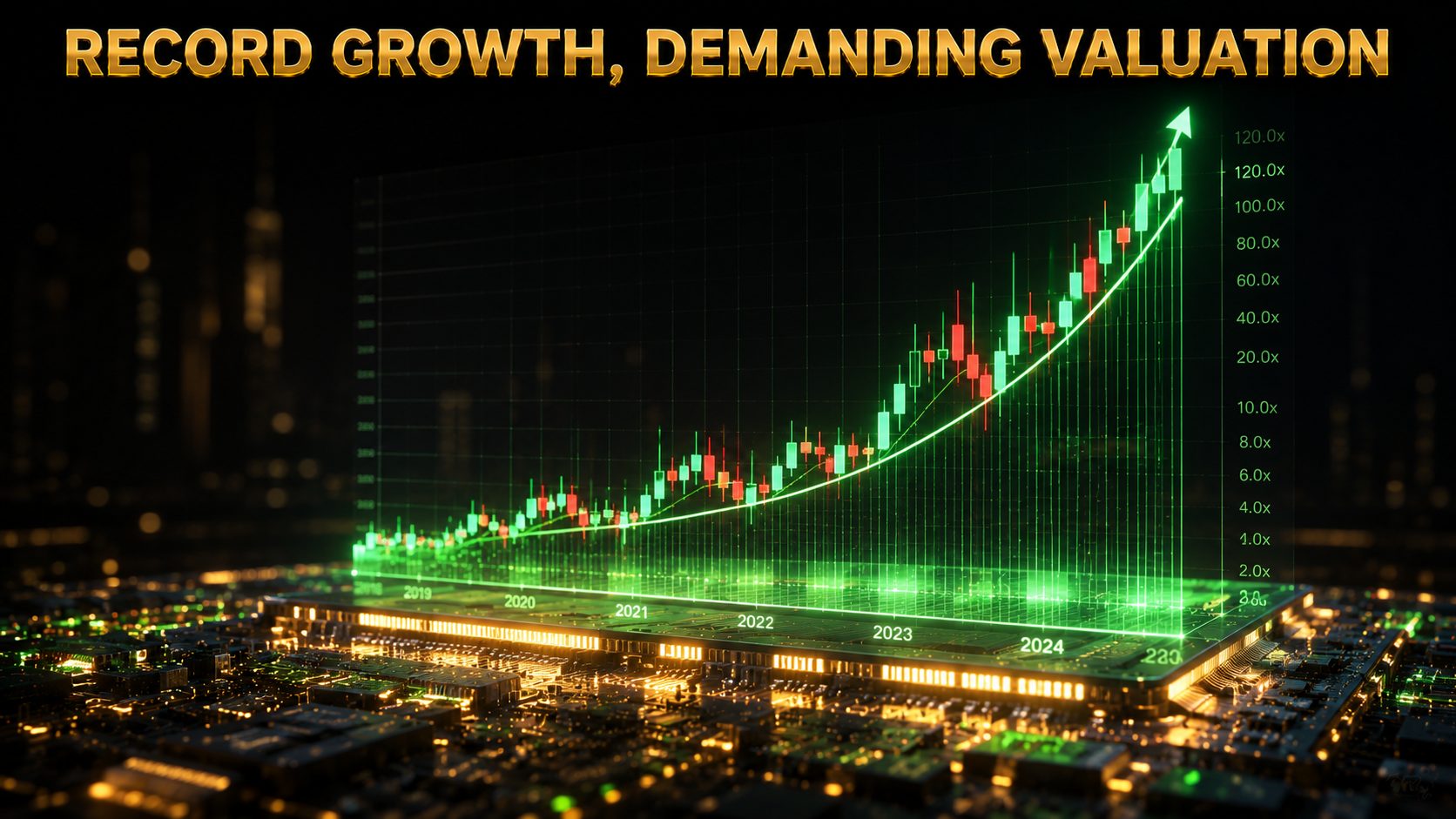 Rising revenue chart for an AI semiconductor company with a high valuation multiple