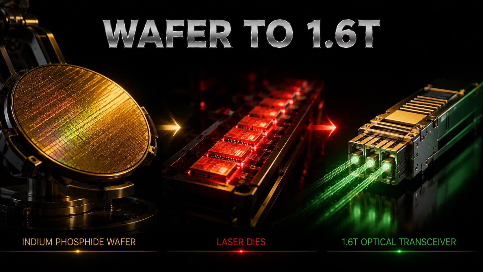 Indium phosphide wafer substrates feeding laser chips inside a high speed optical transceiver