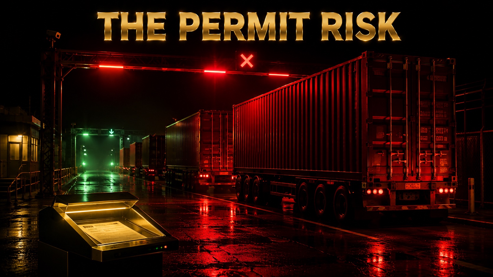 Cargo containers held at a checkpoint under regulatory review, symbolising export permit risk