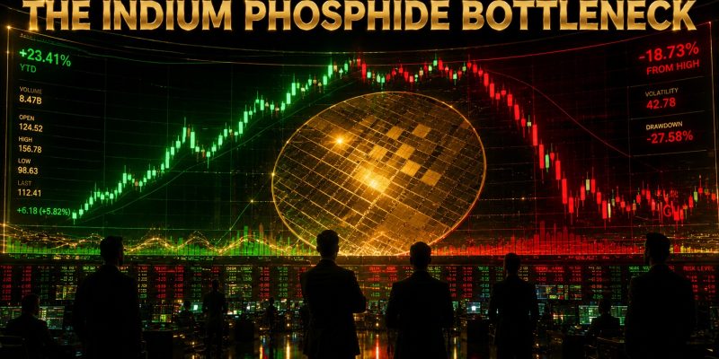 Trading floor screens showing a semiconductor substrate stock surging on AI optical demand