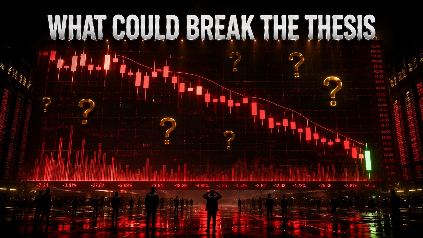 Red warning candles on a market data wall signalling downside risk in a volatile stock