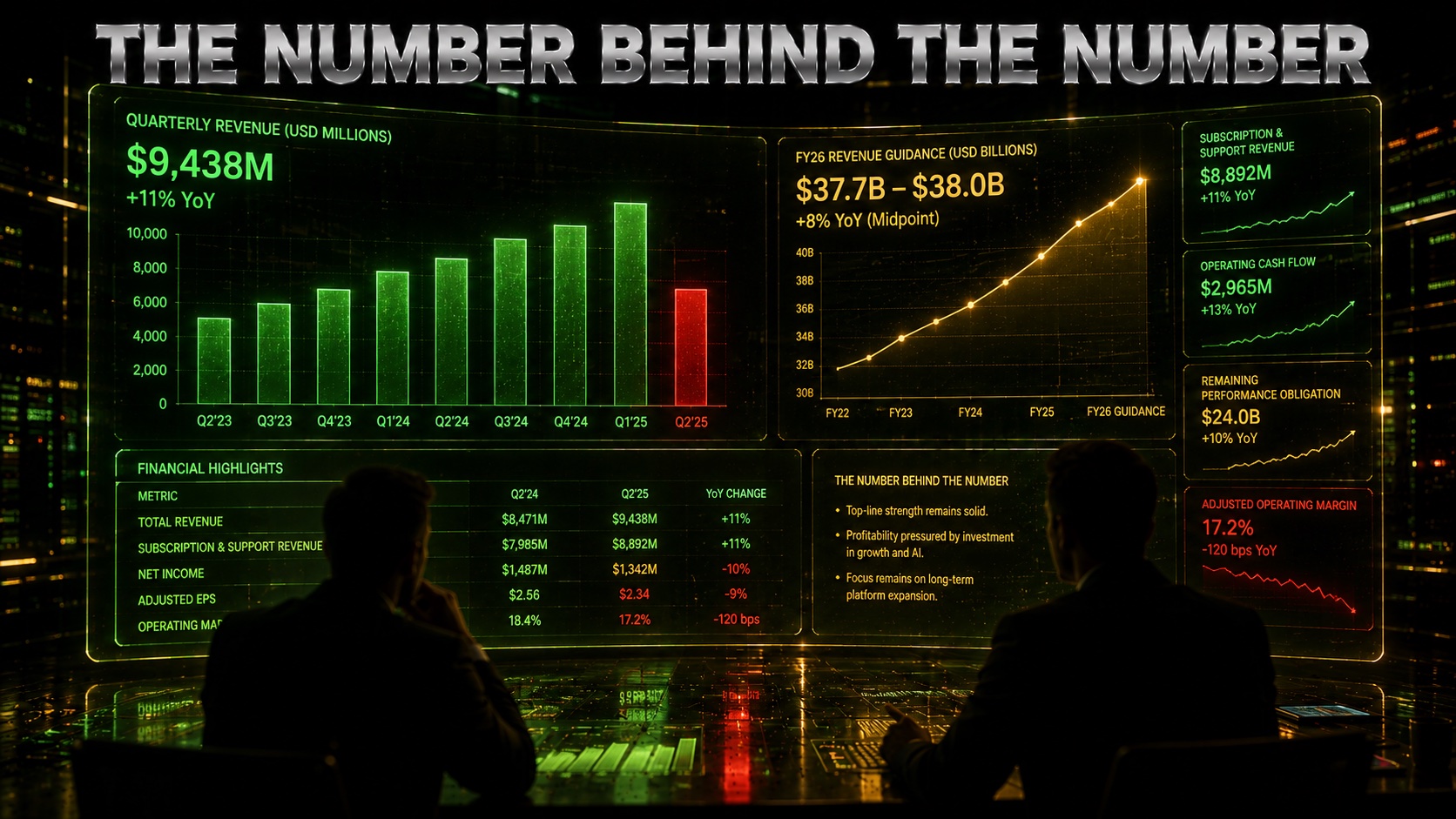 Institutional investors studying a glowing earnings dashboard showing revenue growth and raised guidance