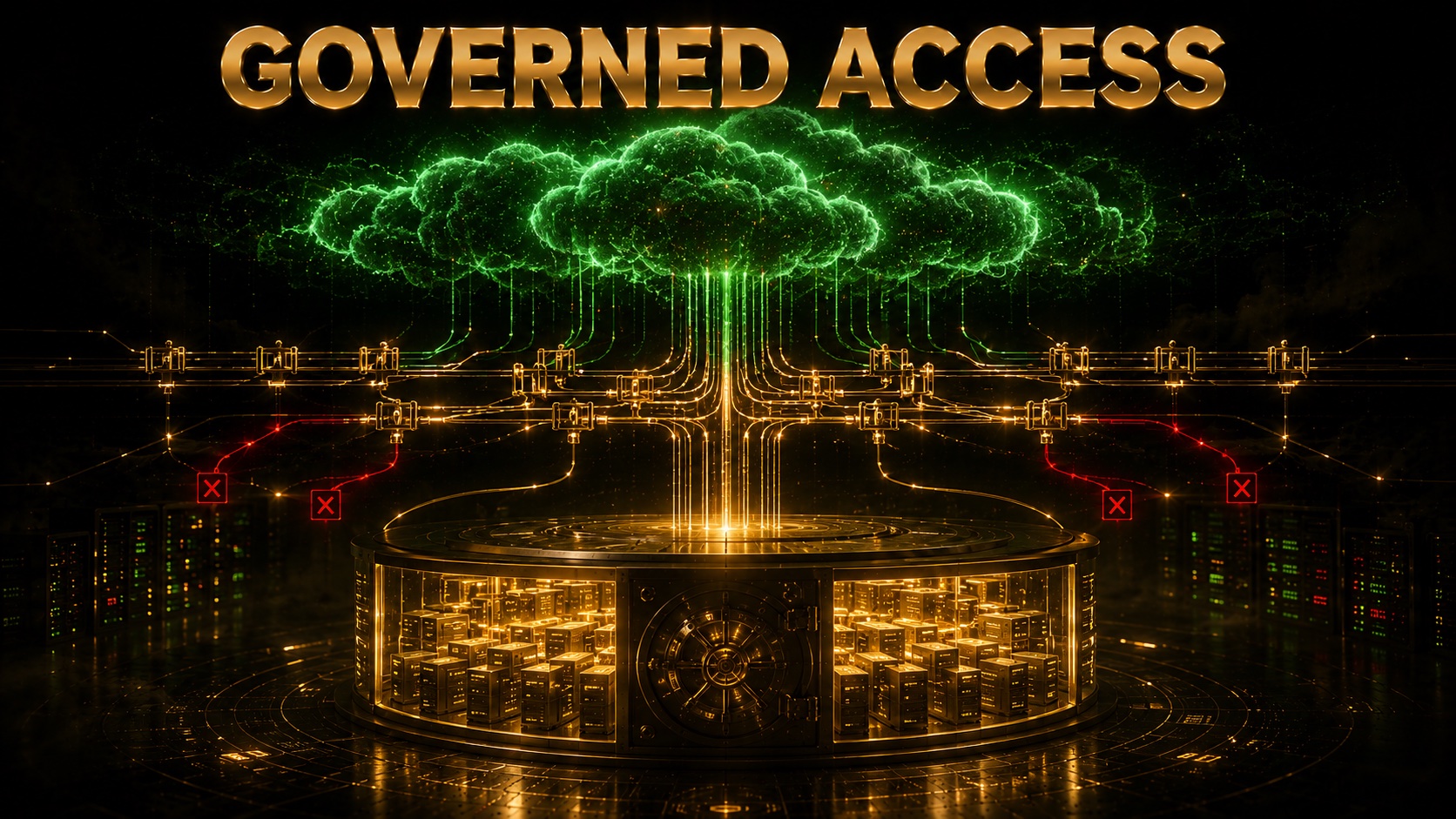 Abstract data architecture visual showing an AI reasoning layer connected to a governed enterprise data core