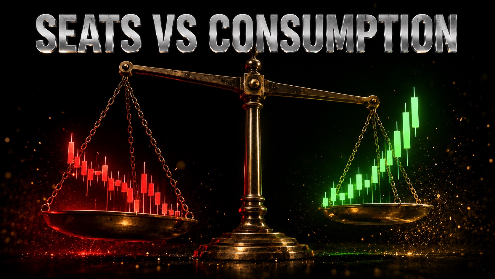 Balance scale weighing red downside risk candles against green growth candles in a dark cinematic setting