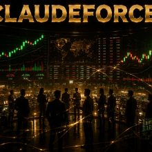 Futuristic trading floor with red and green candlestick charts reacting to the Salesforce Claudeforce announcement