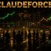 Futuristic trading floor with red and green candlestick charts reacting to the Salesforce Claudeforce announcement