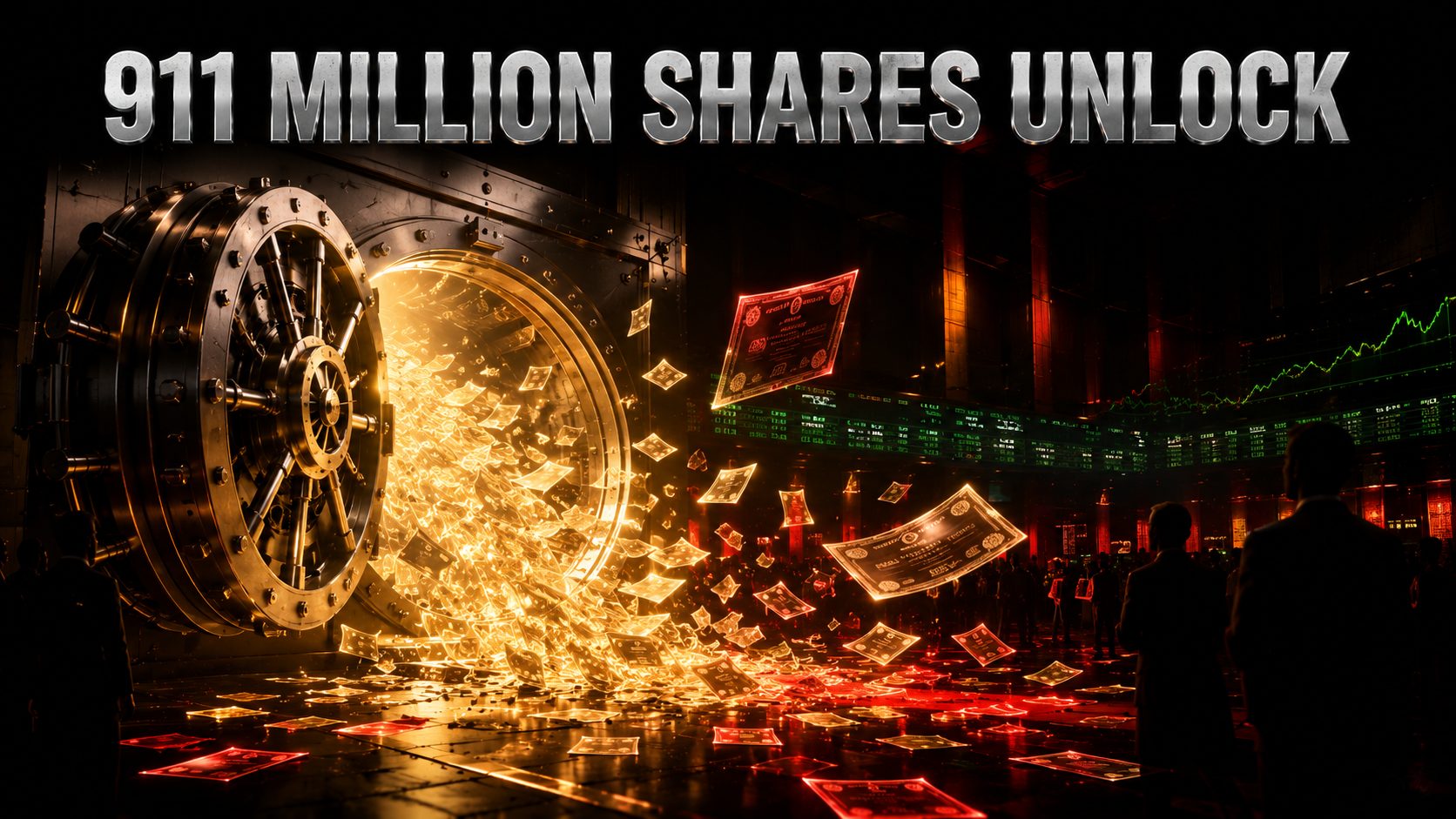 Vault doors opening to release a flood of share certificates onto a market floor
