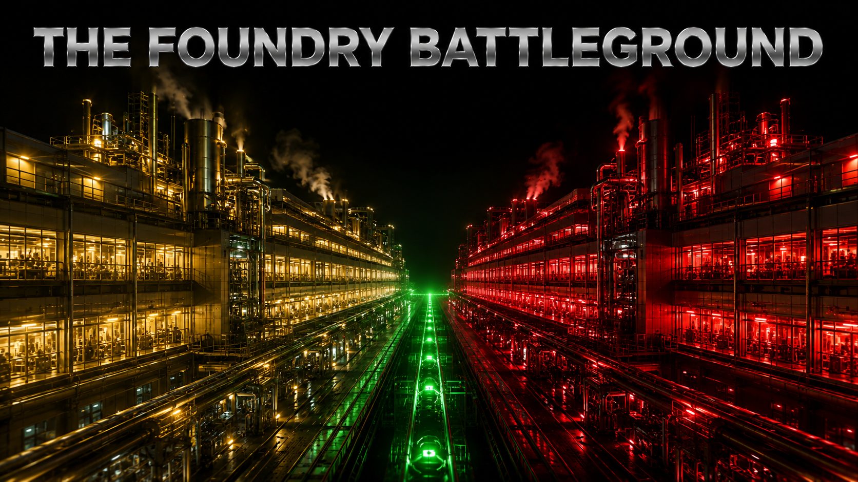 Two competing semiconductor fabrication facilities facing each other under dramatic lighting