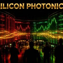 Cinematic trading floor screens showing Tower Semiconductor TSEM stock alongside optical data streams