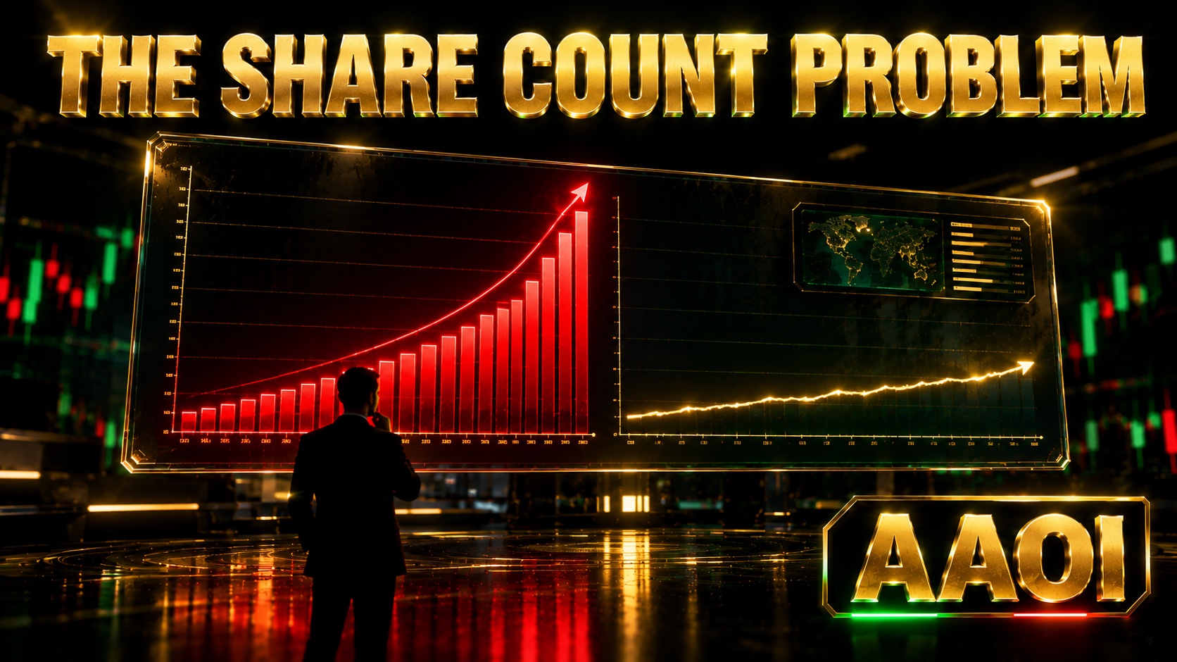 Rising share count chart in red beside a declining per-share value bar in gold