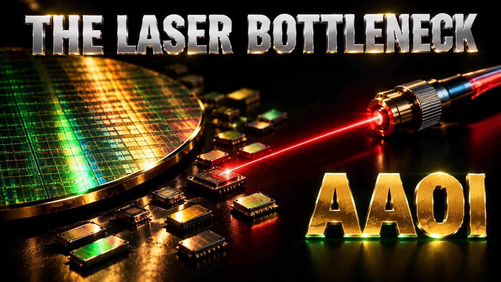 Indium phosphide wafer and laser chips under cinematic red and gold lighting