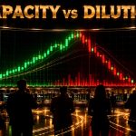 Futuristic trading floor with red and green candlestick charts representing AAOI stock volatility