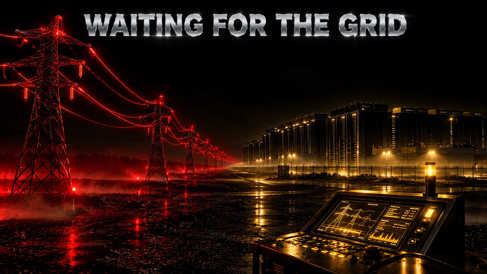 High voltage transmission towers beside a dark data centre campus waiting for grid capacity