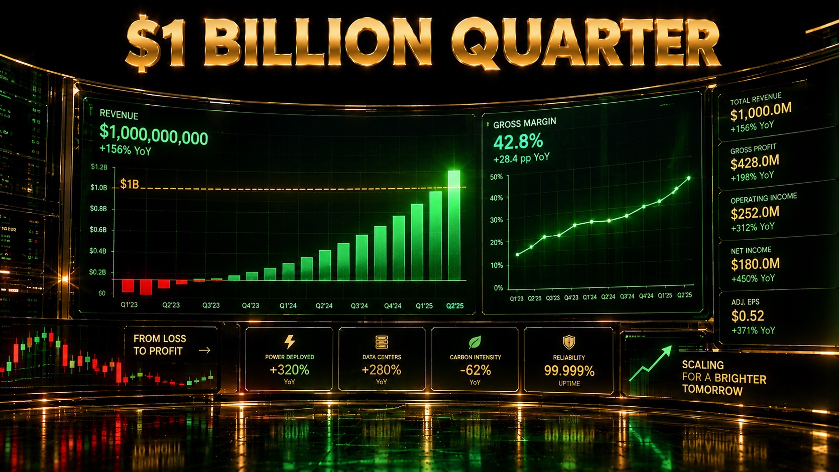 Green momentum candles and a rising revenue bar chart on a black financial dashboard