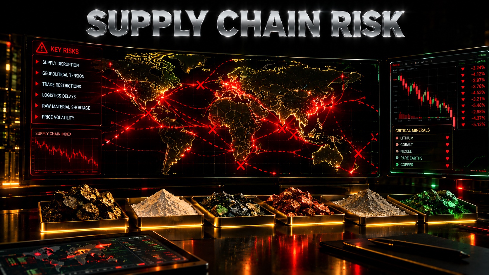 Red warning candles and a fractured supply chain map rendered on a dark screen