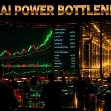 Trading floor screens showing an energy stock rising against a dark AI data centre backdrop