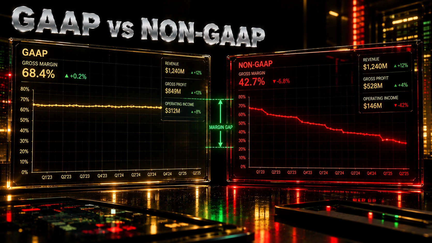 Two glowing data dashboards comparing a stable gross margin line with a declining one