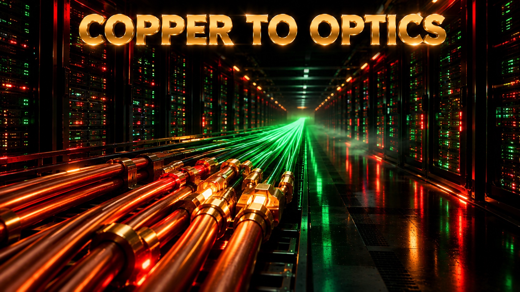 Data centre corridor with copper cables in the foreground and glowing optical fibre running into the distance