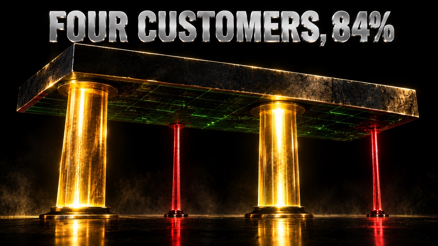 Four illuminated pillars of unequal height supporting a single heavy structure above them