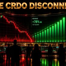 Futuristic trading floor showing a steep red candlestick decline against rising green revenue bars