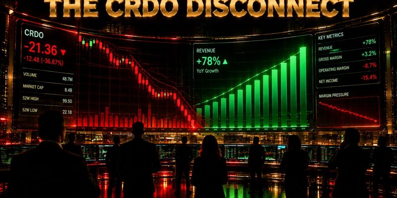 Futuristic trading floor showing a steep red candlestick decline against rising green revenue bars